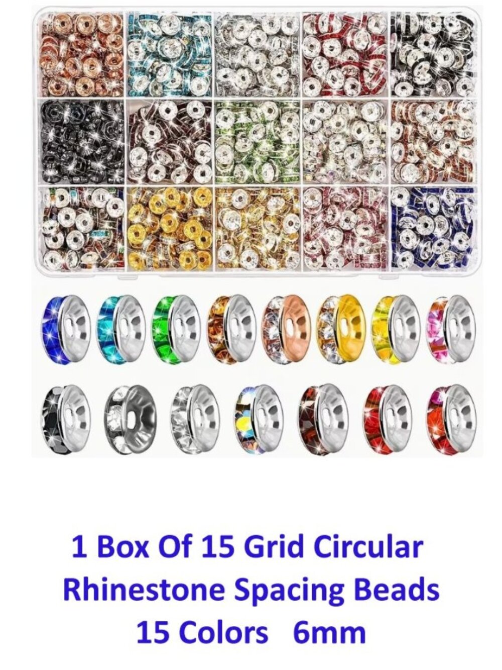 1 Box, 15 Grid Circular  Rhinestone Spacing Beads   15 Colors   6mm